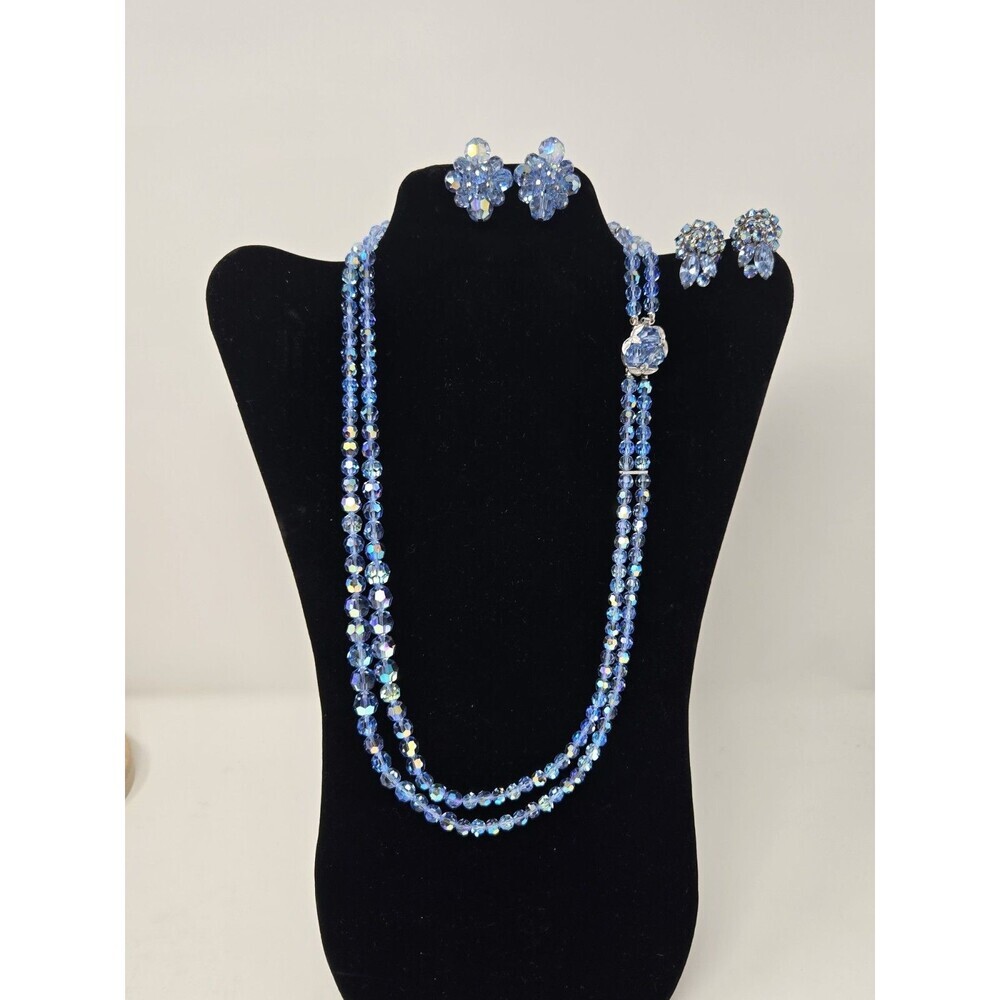 VINTAGE SHERMAN BLUE FACETED BEAD NECKLACE 2 CLIP ON EARRINGS FASHION JEWELRY